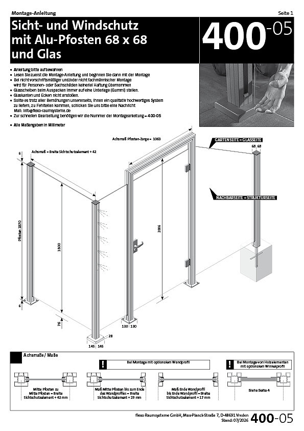 400 Alu-Pfosten mit Glasscheiben